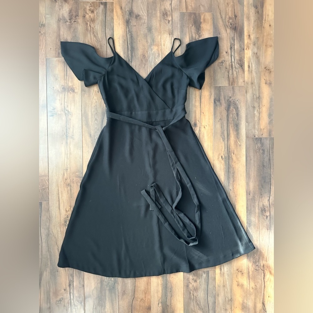 Ann Taylor Black Flutter Sleeve Wrap Dress Tie Waist Fit Flare 6 NWT